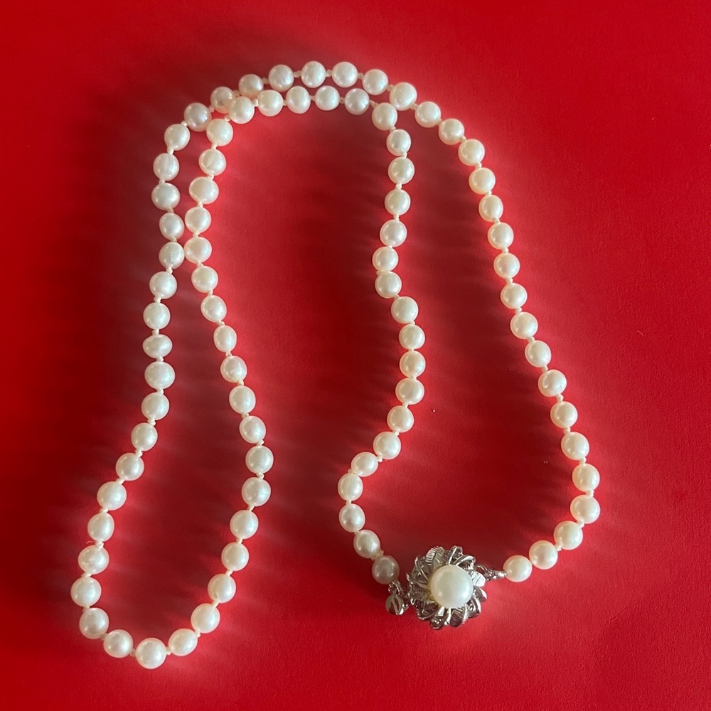 White Pearl Necklace knotted silver clasp